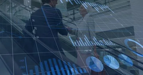 Image of financial data processing over diverse business people on elevator 写真素材