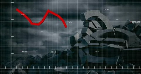 Image of financial data processing over broken euro symbol and sky with clouds 写真素材