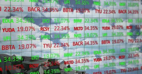 Image of financial data processing over broken dollar symbol and sky with clouds Foto stock