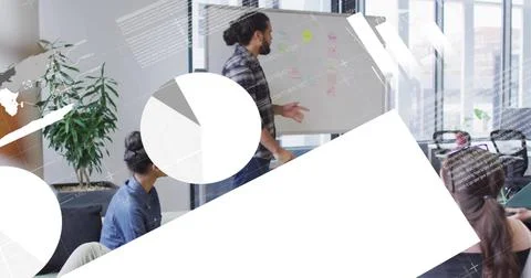 Image of financial data processing over diverse colleagues having meeting in Stockfoto's