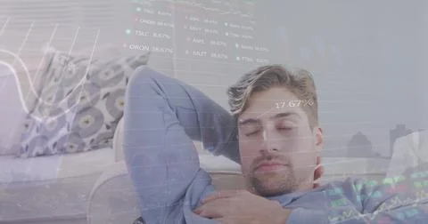 Image of financial data processing over caucasian man sleeping Stock Photos