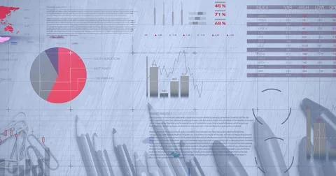 Image of financial data processing over desk with stationery items Stockfoto's