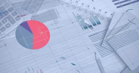 Image of financial data processing over desk with stationery items Stockfoto's