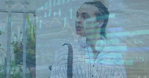 Image of financial data processing over biracial woman with smartphone on the go Foto stock