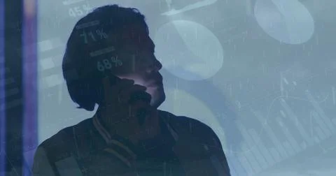 Image of financial data processing over caucasian man using smartphone Stock Photos