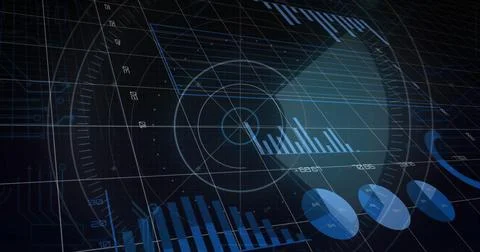 Image of financial data processing over scope scanning on black background Stock Photos
