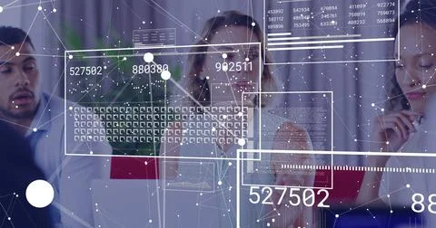 Image of financial data processing over diverse business people in office Stockfoto's