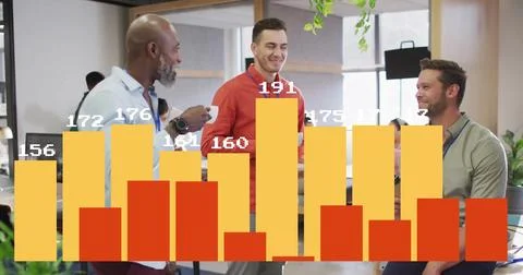 Image of financial data processing over diverse colleagues having meeting in Stockfoto's