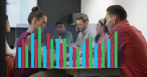 Image of financial data processing over diverse colleagues having meeting in Stockfoto's