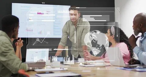 Image of financial data processing over diverse colleagues having meeting in Stock Photos
