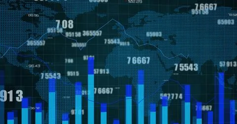 Image of financial data processing over world map on black background 스톡 사진