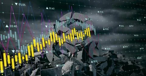 Image of financial data processing over dollar symbol and sky with clouds Stock Photos