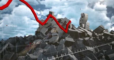 Image of financial data processing over dollar symbols and sky with clouds Foto stock