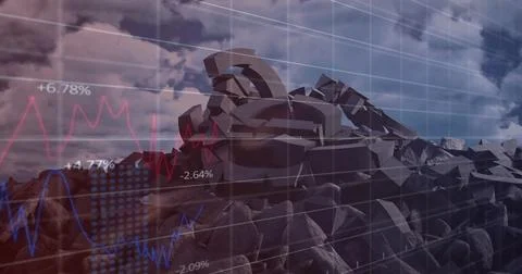 Image of financial data processing over broken euro symbol and sky with clouds 写真素材
