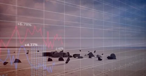 Image of financial data processing over broken euro symbol and sky with clouds 写真素材
