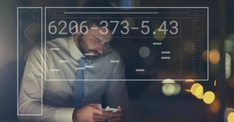 Image of financial data processing over biracial businessman using smartphone in Foto stock