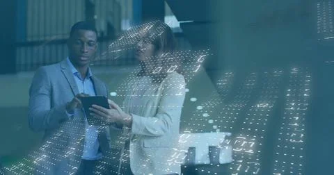 Image of financial data processing over diverse colleagues discussing work in Stock Photos