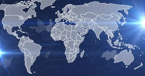 Image of financial data processing over world map on dark background 스톡 사진