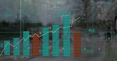 Image of financial data processing over city Foto stock