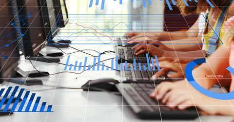 Image of financial data processing over caucasian schoolchildren using computers Stock Photos