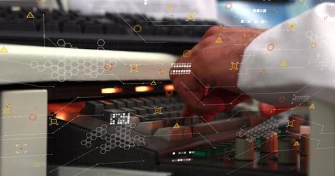 Image of financial data processing over caucasian businessman using computer in Stock Photos