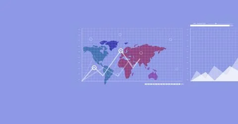 Image of financial data processing over world map on blue map Stock Photos