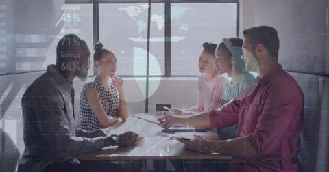 Image of financial data processing over diverse colleagues having meeting in Stockfoto's