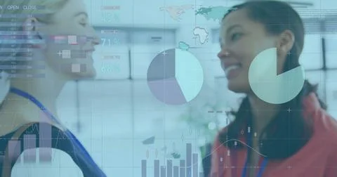 Image of financial data processing over diverse business people in office Stockfoto's
