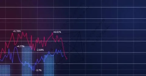 Image of financial data processing over grid on dark background Foto stock