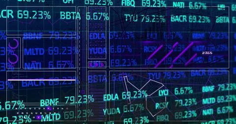 Image of financial data processing over grid on dark background Stock Photos