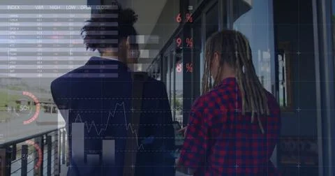 Image of financial data processing over diverse couple walking on street Fotos Stock