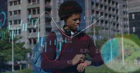 Image of financial data processing over african american man on street Stock Photos