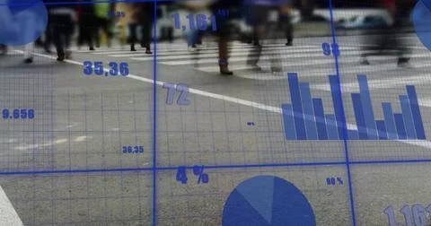Image of financial data processing over cityscape Stock Photos