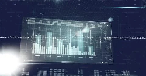 Image of financial data processing over dark background Stock Photos