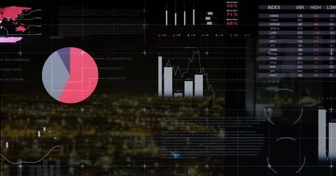 Image of financial data processing over dark background Stock Photos
