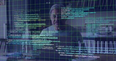 Image of financial data processing over senior biracial man using laptop Stock Photos