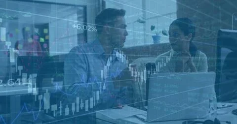 Image of financial data processing over diverse colleagues discussing work in Stockfoto's