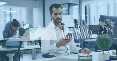 Image of financial data processing over biracial businessman using smartphone in Stock Photos