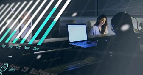 Image of financial data processing over diverse colleagues working in office Stockfoto's