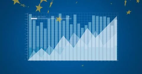 Image of financial data processing over european flag stars on blue background 스톡 사진
