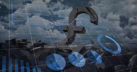 Image of financial data processing over pound symbol and sky with clouds 写真素材
