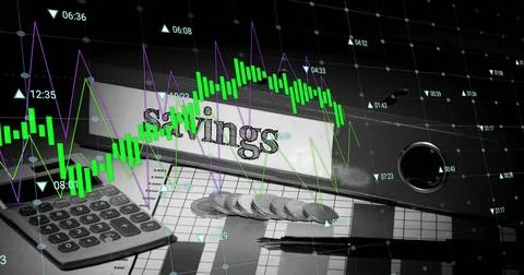 Image of financial data processing over money, calculator and files Foto stock