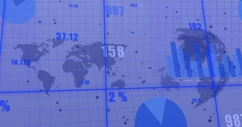 Image of financial data processing over world map and globe on white background Stock Photos