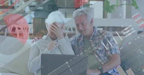 Image of financial data processing over senior caucasian couple using laptop Foto stock