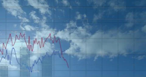 Image of financial data processing over clouds background Foto stock