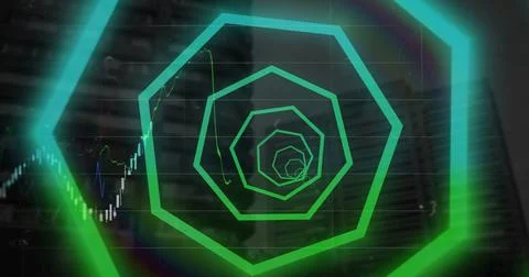 Image of financial data processing over neon pattern and cityscape Foto stock