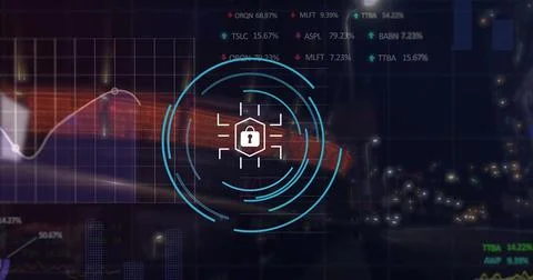 Image of financial data processing over padlock icon 写真素材
