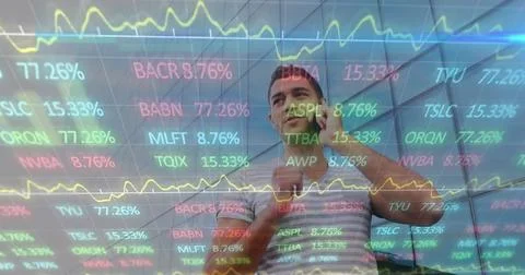 Image of financial data processing over biracial man talking on smartphone Stock Photos