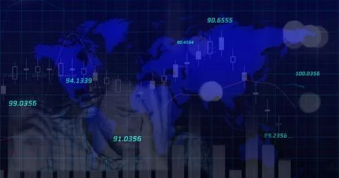 Image of financial data processing over world map and man Stockfoto's