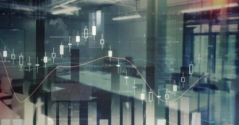 Image of financial data processing over empty office Stock Photos